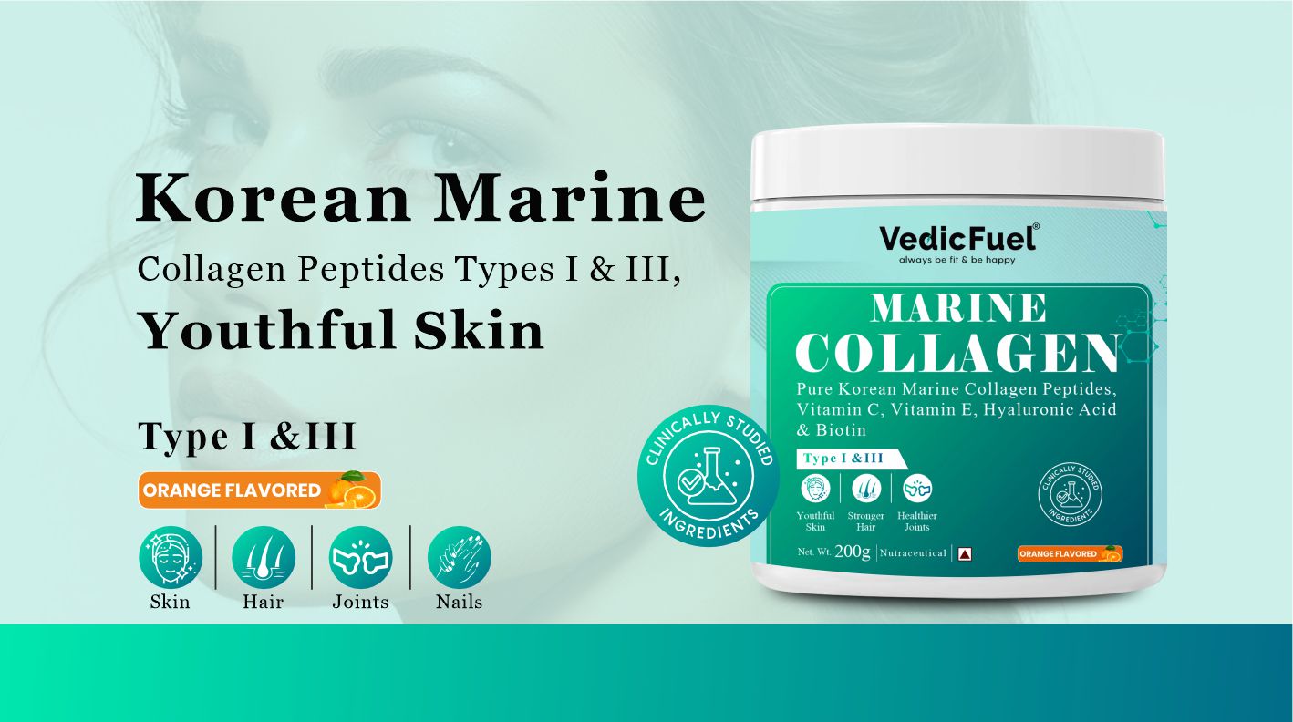 Marine Collagen Powder | Korean Marine Collagen Peptides Type I & III | With Vitamin C, Vitamin E, Hyaluronic Acid & Biotin | Supports Skin Hydration, Hair Strength & Joint Wellness | Orange Flavour | 200g