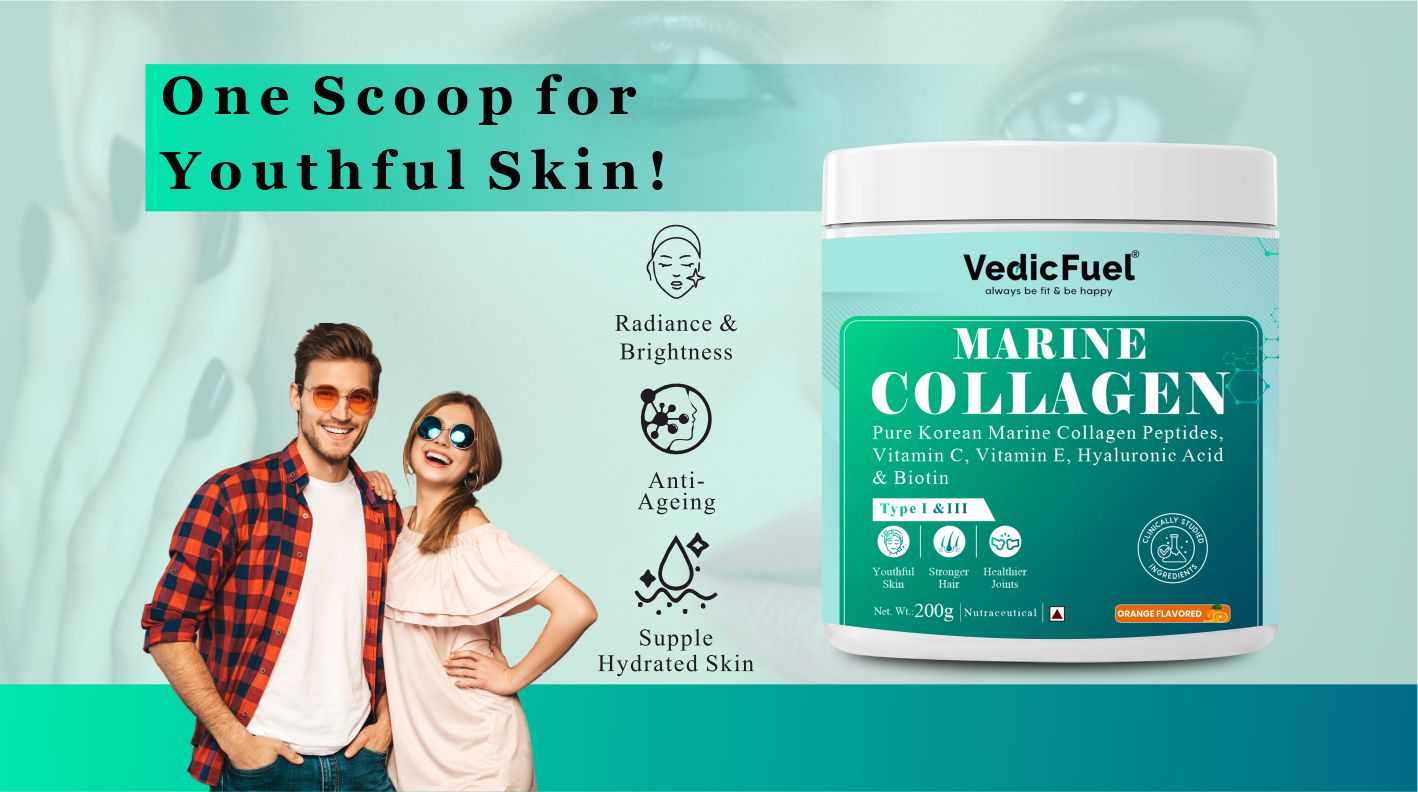 Marine Collagen Powder | Korean Marine Collagen Peptides Type I & III | With Vitamin C, Vitamin E, Hyaluronic Acid & Biotin | Supports Skin Hydration, Hair Strength & Joint Wellness | Orange Flavour | 200g