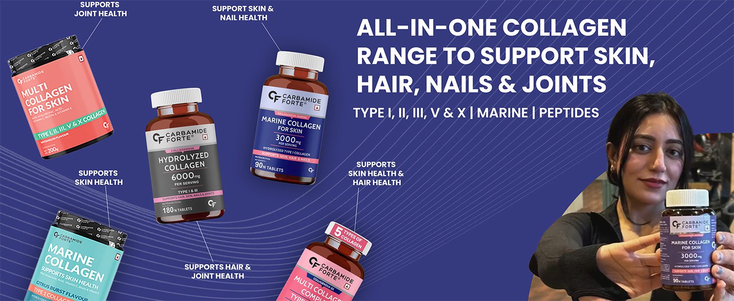 Carbamide Forte Hydrolyzed Marine Collagen Tablets | 3000mg Collagen Peptides with Biotin & Hyaluronic Acid - Type 1 Marine Collagen Powder | Marine Collagen Supplements for Women & Men - 90 Tablets