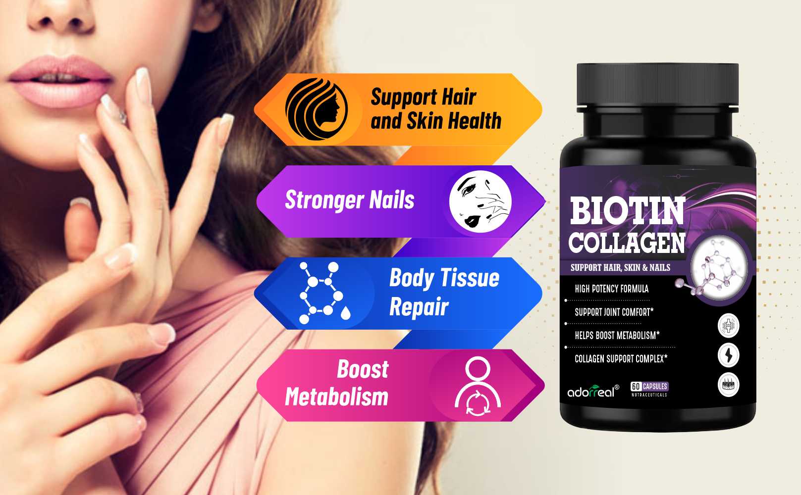 Biotin with Plant-Based Collagen, Vitamin C & Hyaluronic Acid – 10000mcg Hair, Skin & Nail Support Supplement – 60 Vegan Capsules