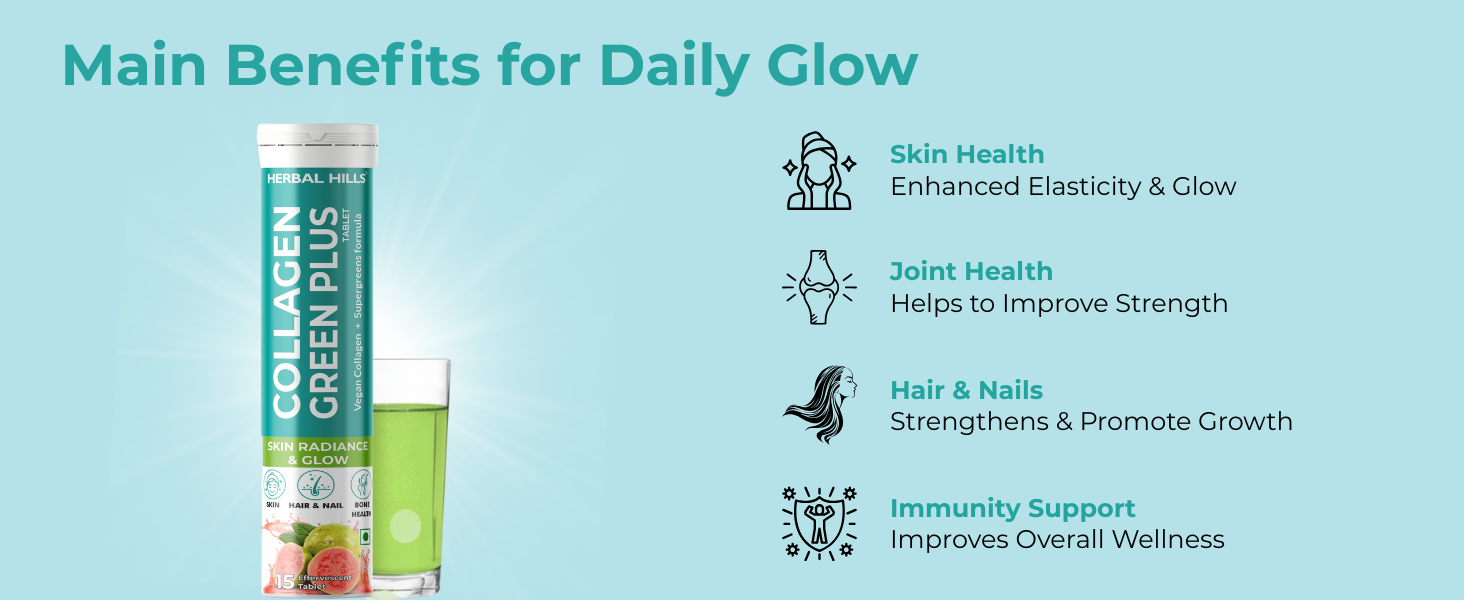 Herbal Hills Collagen Green Plus Tablets for Skin Radiance & Glow, Vegan Collagen & Supergreen Formula - 15 Effervescent Tablets (Pack of 1)