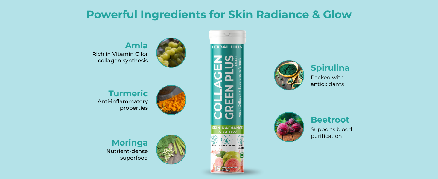Herbal Hills Collagen Green Plus Tablets for Skin Radiance & Glow, Vegan Collagen & Supergreen Formula - 15 Effervescent Tablets (Pack of 1)