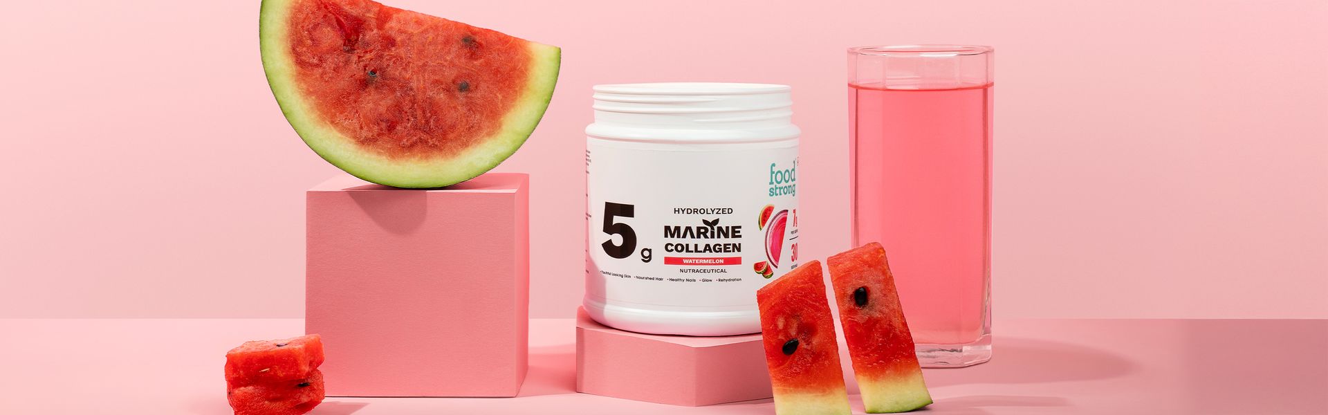 Foodstrong Hydrolyzed Marine Collagen Powder – Watermelon Flavour | 30 Servings | Supports Skin Hydration, Hair Nourishment & Glow | 210g