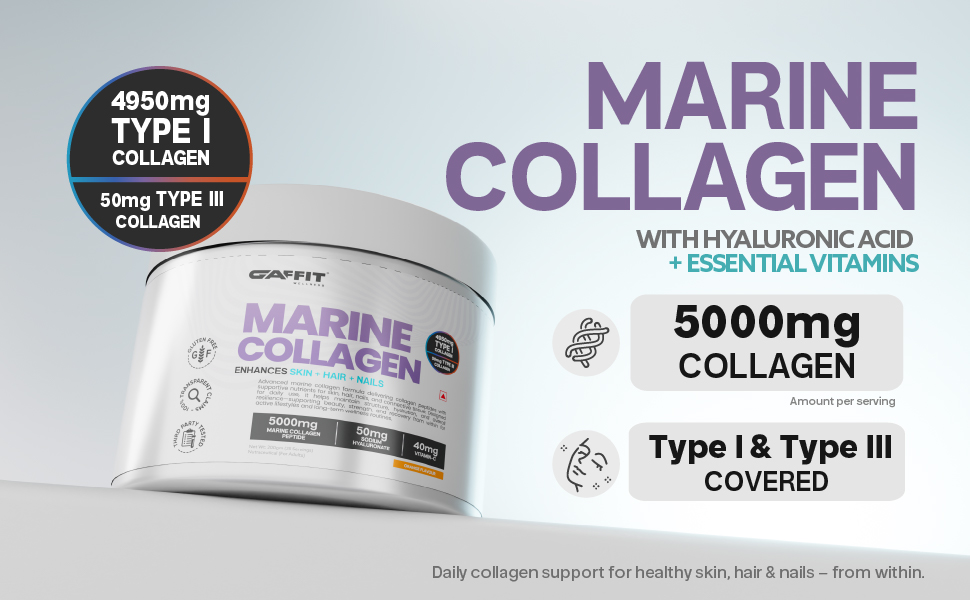 Marine Collagen Powder For Glowing Skin for Women & Men | 5000 mg Collagen Peptides | Hyaluronic Acid + Vitamin C + Biotin | Supports Skin Elasticity, Hair Growth & Nail Strength | 25 Serving, 200g | Orange Flavour