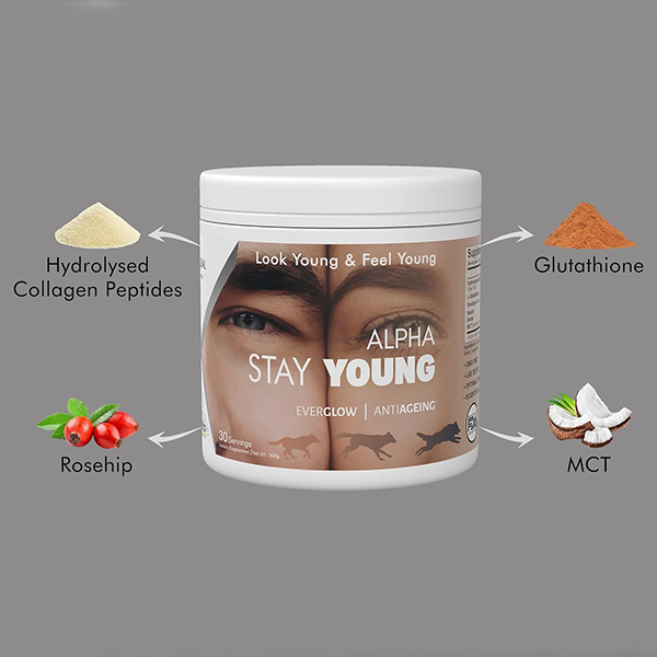 Alpha Stay Young :- Hydrolyzed Marine Collagen Peptides (TYPE 1 & 3), L-Glutathione, Rosehips, Niacin, Biotin, MCT(C8 & C10) (Alphonso Mango)