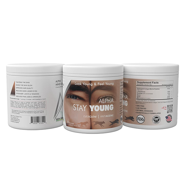 Alpha Stay Young :- Hydrolyzed Marine Collagen Peptides (TYPE 1 & 3), L-Glutathione, Rosehips, Niacin, Biotin, MCT(C8 & C10) (Alphonso Mango)