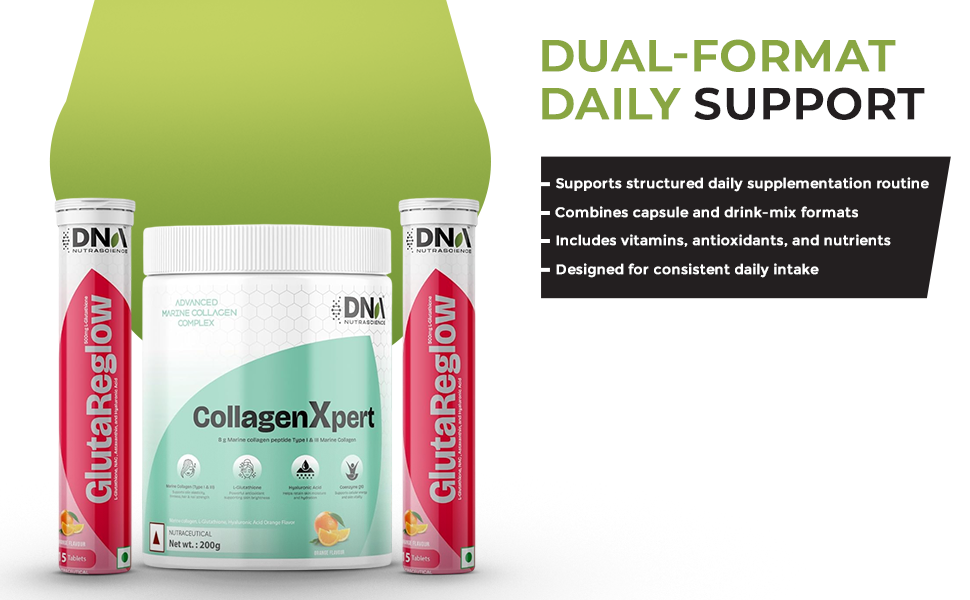 GlutaReglow 30 Effervescent Tablets + CollagenXpert Marine Collagen 200 g, L-Glutathione, Hyaluronic Acid, CoQ10, Orange Combo
