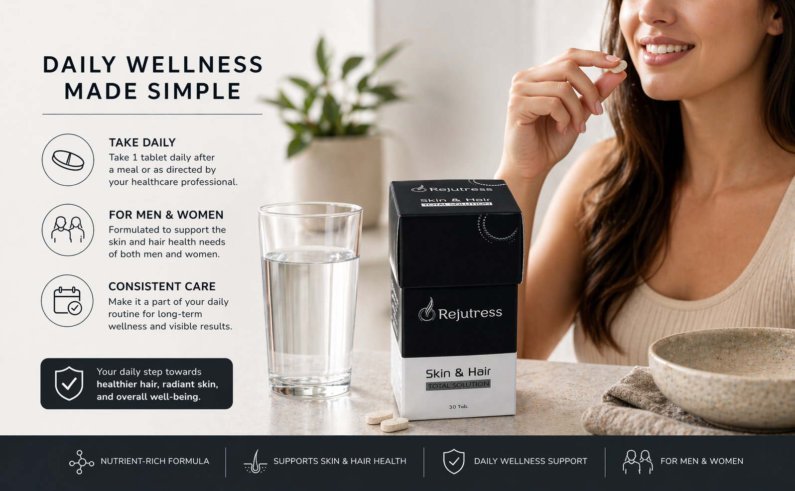 Skin & Hair Health Tablets | Daily Nutrient Support for Scalp, Hair & Skin Care | Suitable for Men & Women | Daily Wellness Support - 30 Tabs