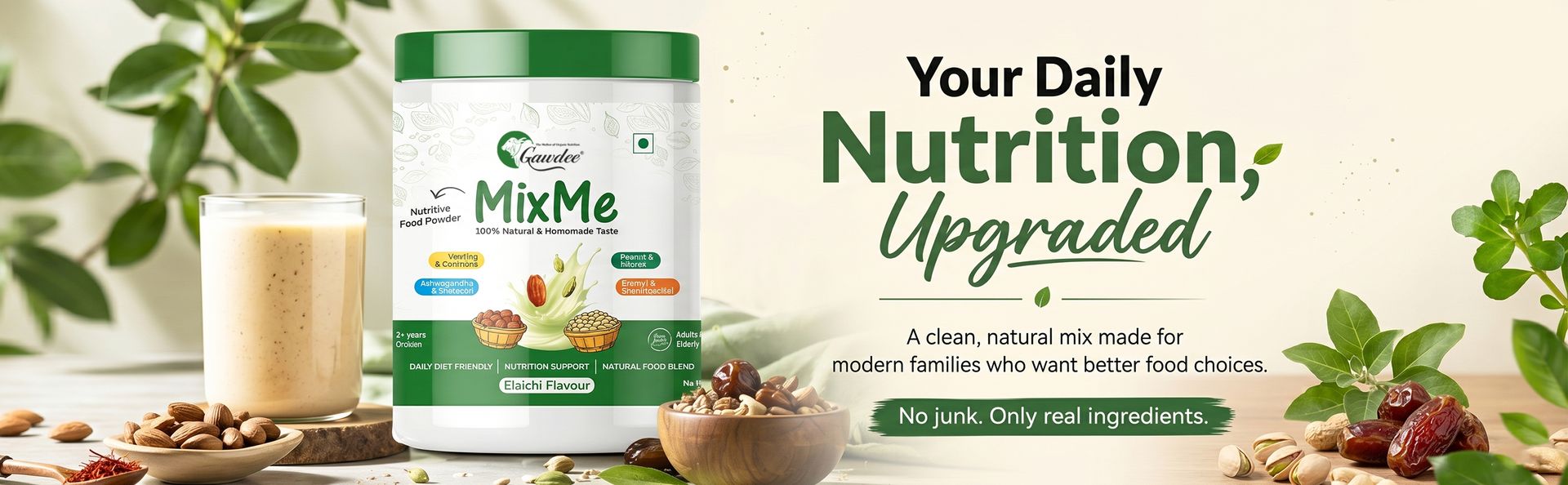 Gawdee MixMe Elaichi Nutrition Powder | 400g | Nuts, Grains, Seeds with Jaggery & Dates | No Refined Sugar | Health Drink Mix for Kids (2+), Adults & Seniors | Daily Family Nutrition Supplement