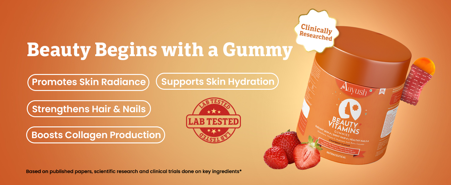 Aayush Wellness Skin, Hair & Nail Gummies (Strawberry Flavor) | With Biotin, Hyaluronic Acid & Vitamin C | Skin Glow, Radiance Support & Antioxidant Formula | Gummy For Men & Women - 30 Gummies