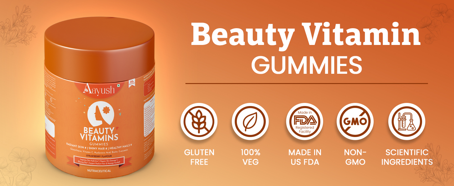 Aayush Wellness Skin, Hair & Nail Gummies (Strawberry Flavor) | With Biotin, Hyaluronic Acid & Vitamin C | Skin Glow, Radiance Support & Antioxidant Formula | Gummy For Men & Women - 30 Gummies