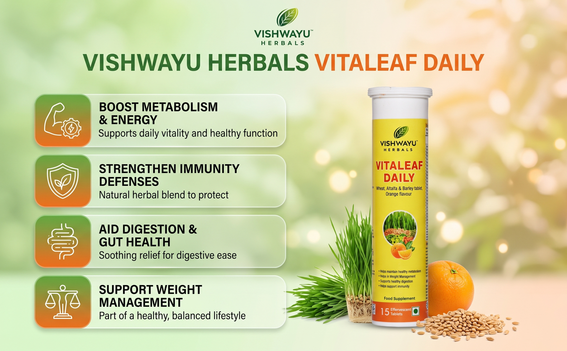 Herbals Vitaleaf Daily Effervescent Tablets (15 Tablets) | Complete Daily Greens for Immunity, Energy & Metabolism | With Wheat,Alfalfa & Barley | Plant-Based, Vegan & Gluten-Free | Pure Organic | Refreshing Orange Flavor