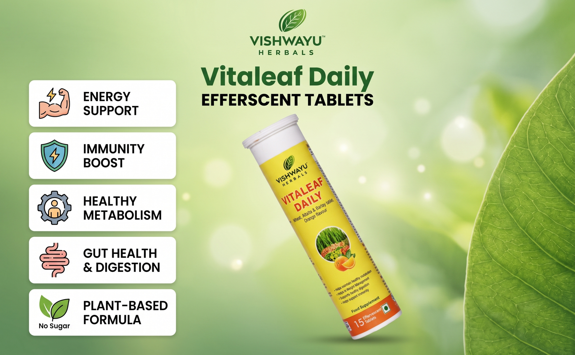 Herbals Vitaleaf Daily Effervescent Tablets (15 Tablets) | Complete Daily Greens for Immunity, Energy & Metabolism | With Wheat,Alfalfa & Barley | Plant-Based, Vegan & Gluten-Free | Pure Organic | Refreshing Orange Flavor