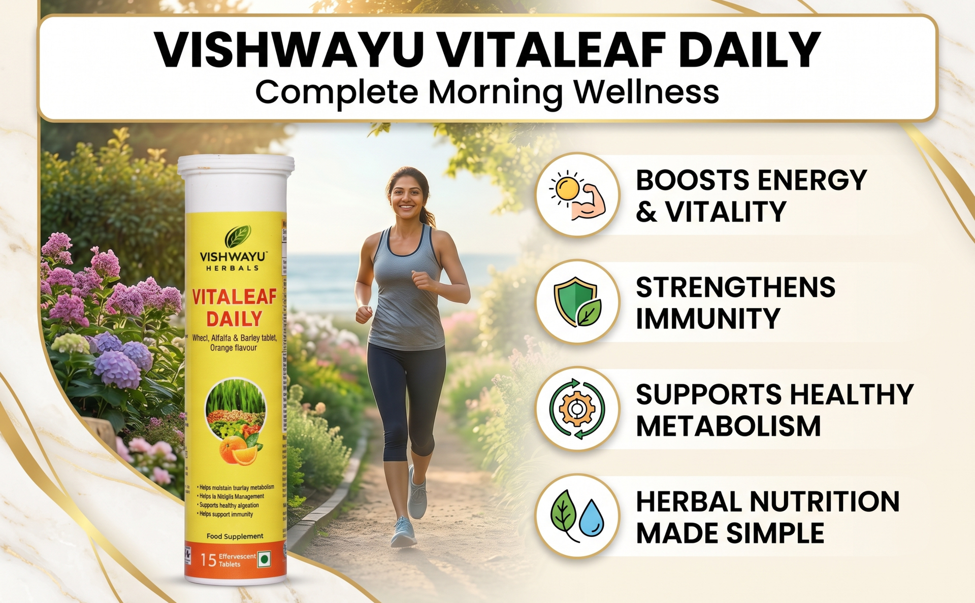 Herbals Vitaleaf Daily Effervescent Tablets (15 Tablets) | Complete Daily Greens for Immunity, Energy & Metabolism | With Wheat,Alfalfa & Barley | Plant-Based, Vegan & Gluten-Free | Pure Organic | Refreshing Orange Flavor