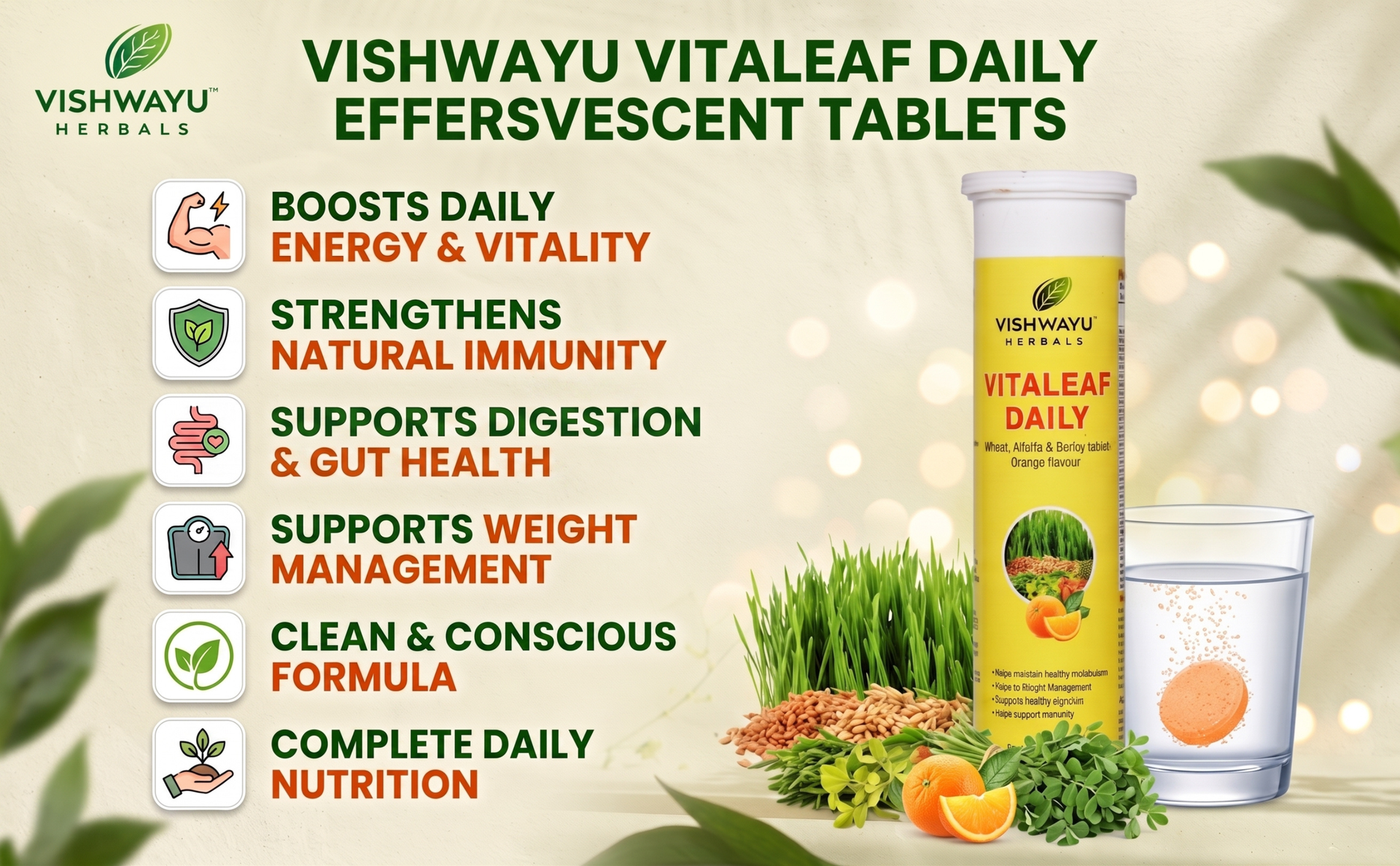 Herbals Vitaleaf Daily Effervescent Tablets (15 Tablets) | Complete Daily Greens for Immunity, Energy & Metabolism | With Wheat,Alfalfa & Barley | Plant-Based, Vegan & Gluten-Free | Pure Organic | Refreshing Orange Flavor