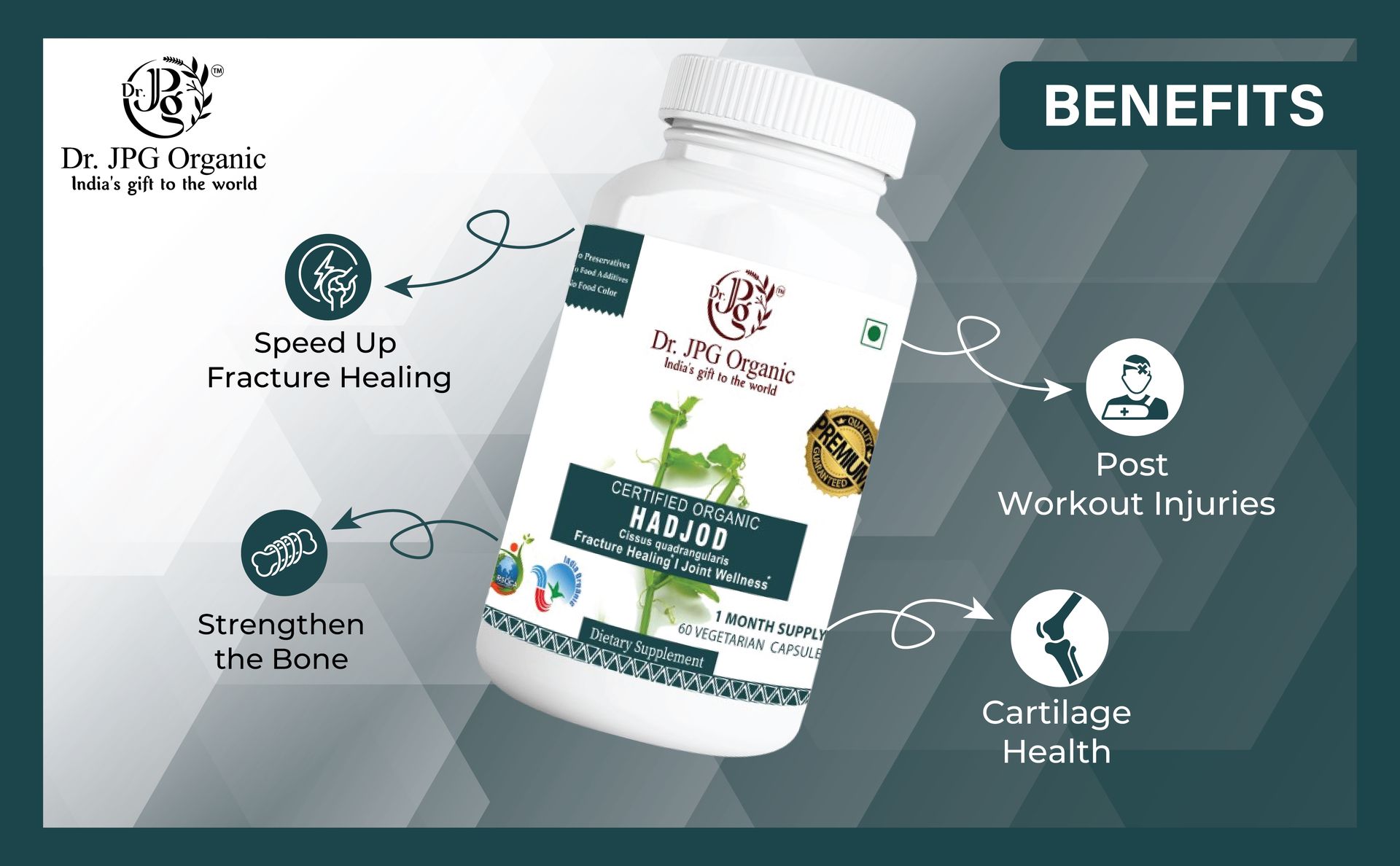 Dr. JPG Organic Hadjod 60veg Capsules for Joint & Bone/India Orgnaic Certified
