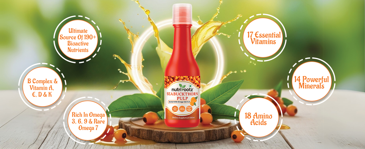 Nutrirootz Himalayan Sea Buckthorn Pulp | Natural Sea Buckthorn Juice Concentrate | Rich in Antioxidants & Vitamin C | No Added Sugar | 500 ml