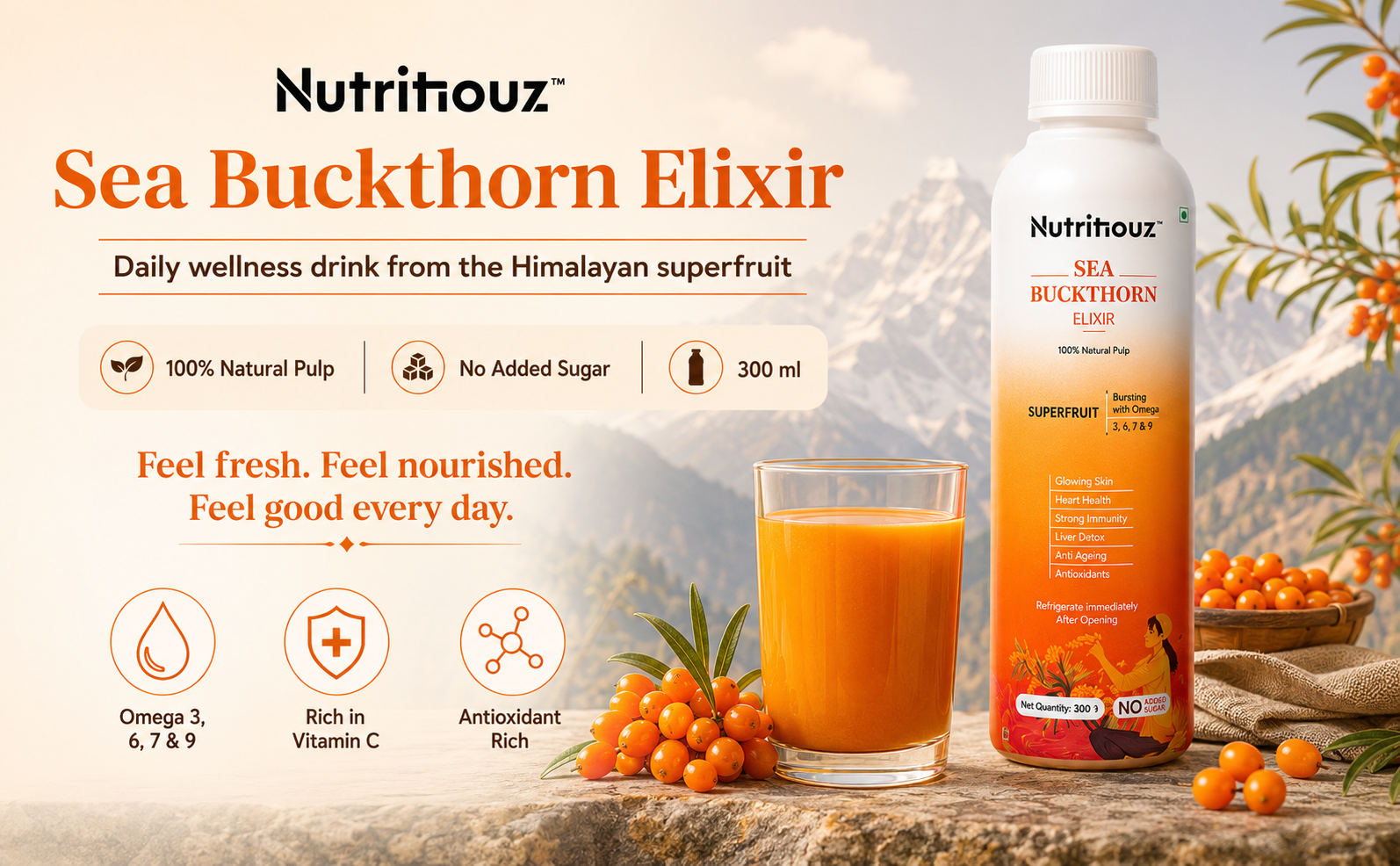Himalayan Sea buckthorn Elixir – 300 ml | Cold-Pressed Sea Buckthorn Pulp | Rich in Natural Vitamin C, Omegas 3, 6, 7 & 9 | Antioxidant-Rich Herbal Juice for Immunity, Heart Wellness, Skin Radiance & Digestive Health