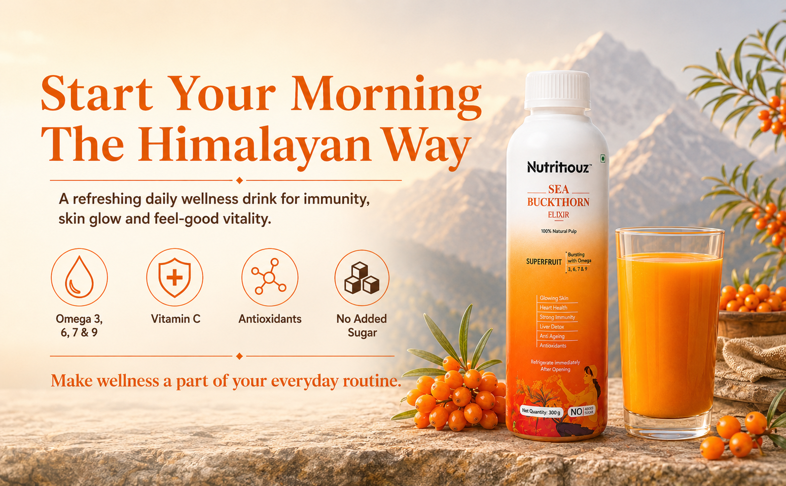 Himalayan Sea buckthorn Elixir – 300 ml | Cold-Pressed Sea Buckthorn Pulp | Rich in Natural Vitamin C, Omegas 3, 6, 7 & 9 | Antioxidant-Rich Herbal Juice for Immunity, Heart Wellness, Skin Radiance & Digestive Health | Pack of 4