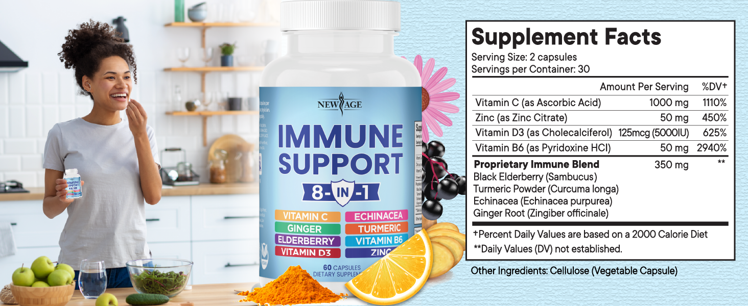 NEW AGE 8 in 1 Immune Support Booster Supplement with Echinacea, Vitamin C and Zinc 50mg, Vitamin D 5000 IU, Turmeric Curcumin & Ginger, B6, Elderberry 120 Count (Pack of 2)