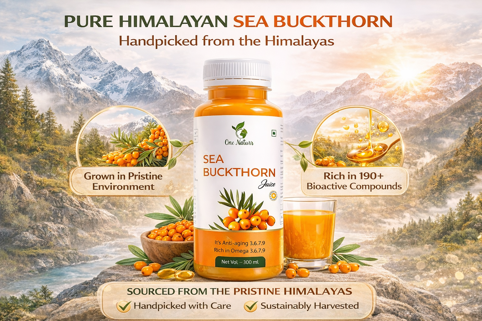 One Naturr - Sea Buckthorn Juice, Himalayan Berry Juice - 300ml, Anti-aging, Rich in Omega 3 6 7 9, Orange, Liquid Form, Gluten Free (Pack of 2, 300ml each)