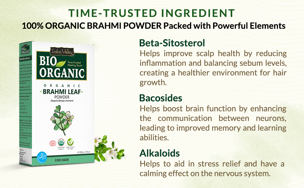 INDUS VALLEY Brahmi Leaf Powder 100g | Natural Ayurvedic Herb for Brain Health, Memory, Focus & Hair Care | Pure Bacopa Monnieri Supplement