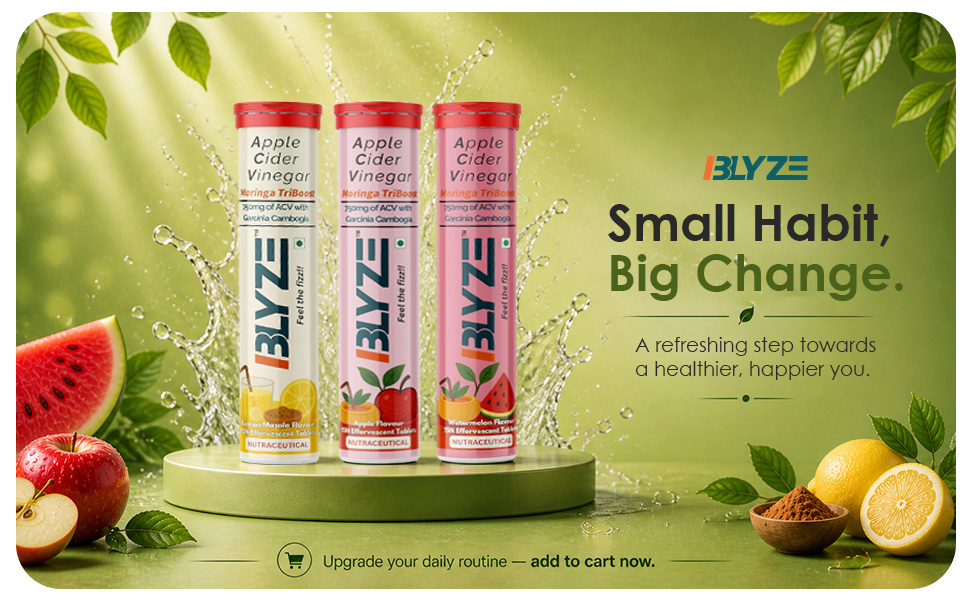 BLYZE ACV Moringa TriBoost, Apple Cider Vinegar 750mg with Moringa, Control Cravings and Weight Management, No Added Sugar, Effervescent Tablets, Apple Flavour, Pack of 2 (30 Tablets)