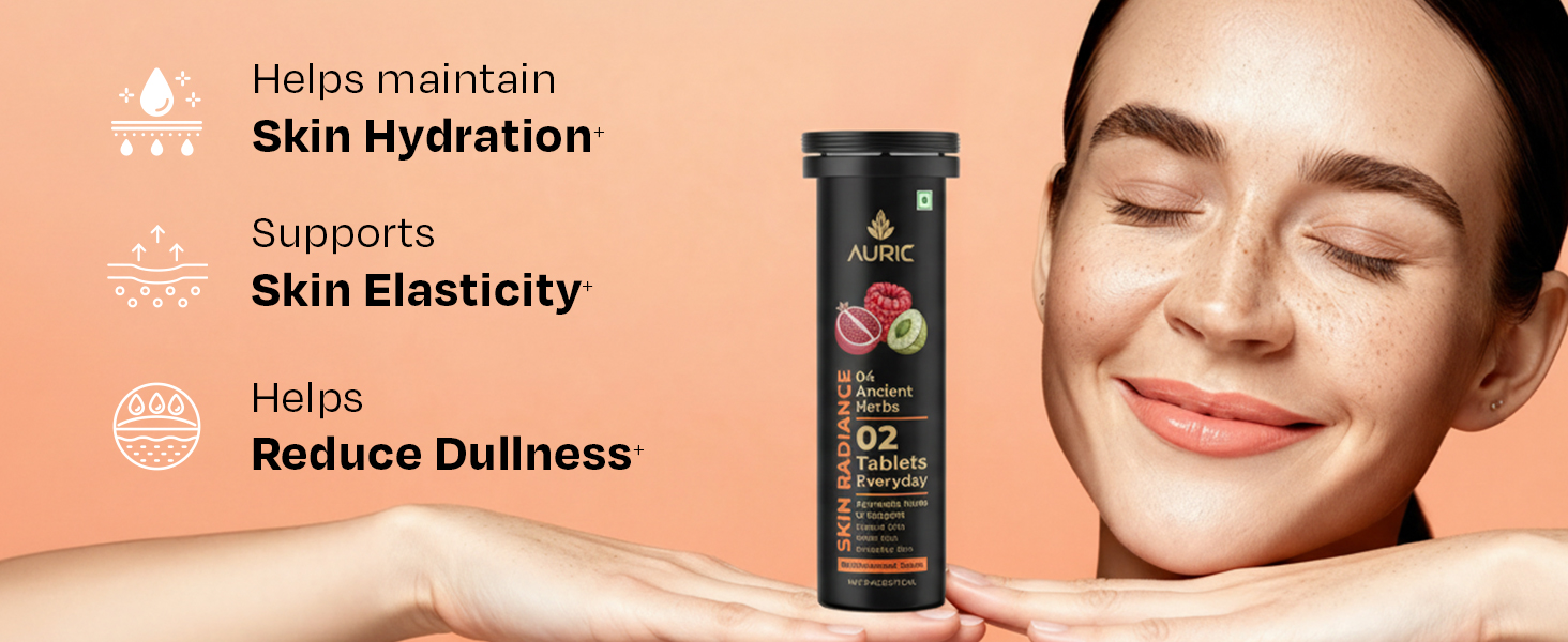 Auric Skin Radiance Glutathione Effervescent 20 Tablets for Skin | With Biotin, Amla, Pomegranate & Grape Seed Extract | Mixed Berries Flavour | Shine 365