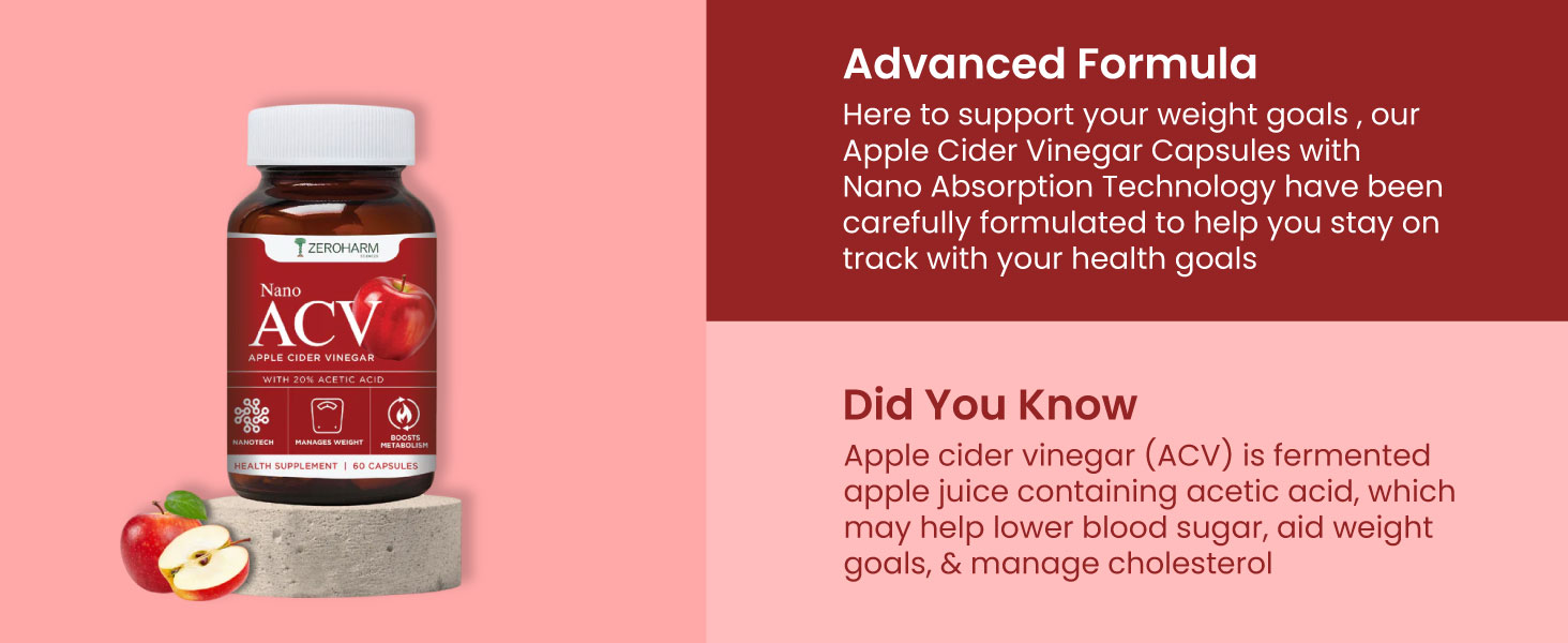 ZEROHARM Nano Apple Cider Vinegar (ACV) 500mg with 20% Acetic Acid | Supports Metabolism, Cravings & Appetite Control | Aids Gut Health, Digestion & Weight Management | Men & Women | 60 Capsules