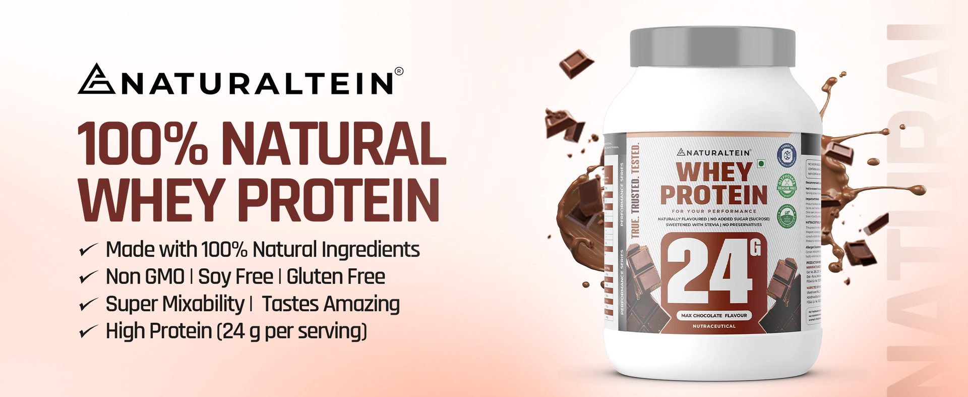 NATURALTEIN Whey Protein – 24g Protein per Serving | Max Chocolate Flavour | Stevia Sweetened | No Added Sugar | Non-GMO | Soy-Free & Gluten-Free | Smooth Texture & Super Mixability | 1 kg