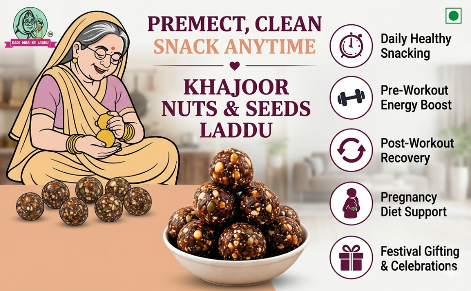 Khajoor Nuts & Seeds Laddu with Almonds, Cashew, PumpkinSeeds, WatermelonSeeds, SunflowerSeeds & Kishmish | Healthy Sugar-Free Energy Bites & Dry Fruit Ladoo (180g)