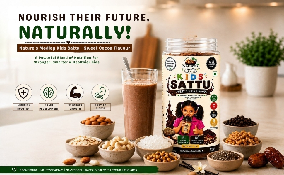 Nature's Medley Kids Sattu Powder with Cocoa Flavour & Dhaga Mishri | Dry Fruits Enriched | Rich in Omega & Protein | No Added Sugar | No Preservatives | Energy Drink for Children | 125g