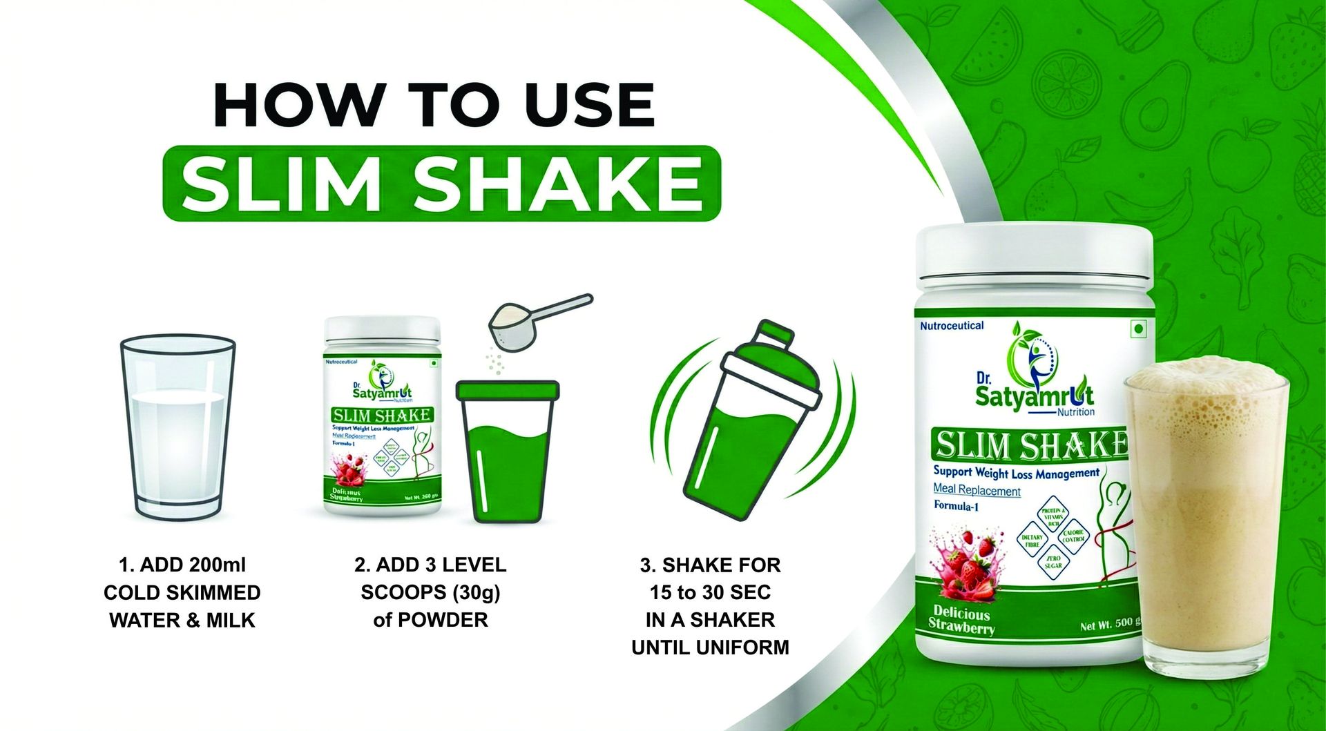 DR SATYAMRUT NUTRITION Slim Shake Formula-1 With Weight Loss & Fitness Support For Meal Replacement | Low Calorie | | No Added Sugar | High Protein | Body Detoxify - Delicious – (500gm) (STAWBERRY)