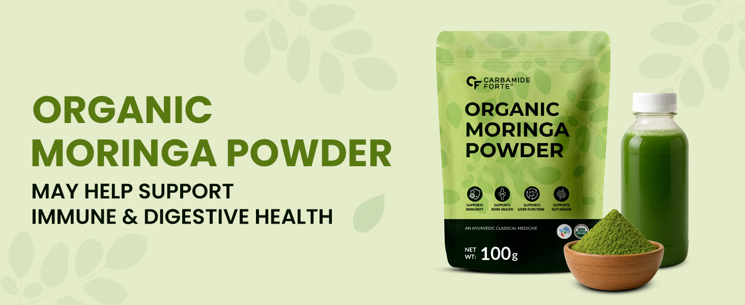 Carbamide Forte 100% Organic Moringa Powder - Moringa Oleifera - USDA Certified | Moringa Leaves Powder | Moringa Powder Organic for Immunity, Digestion & Energy | Drumstick Leaves Powder - 100g