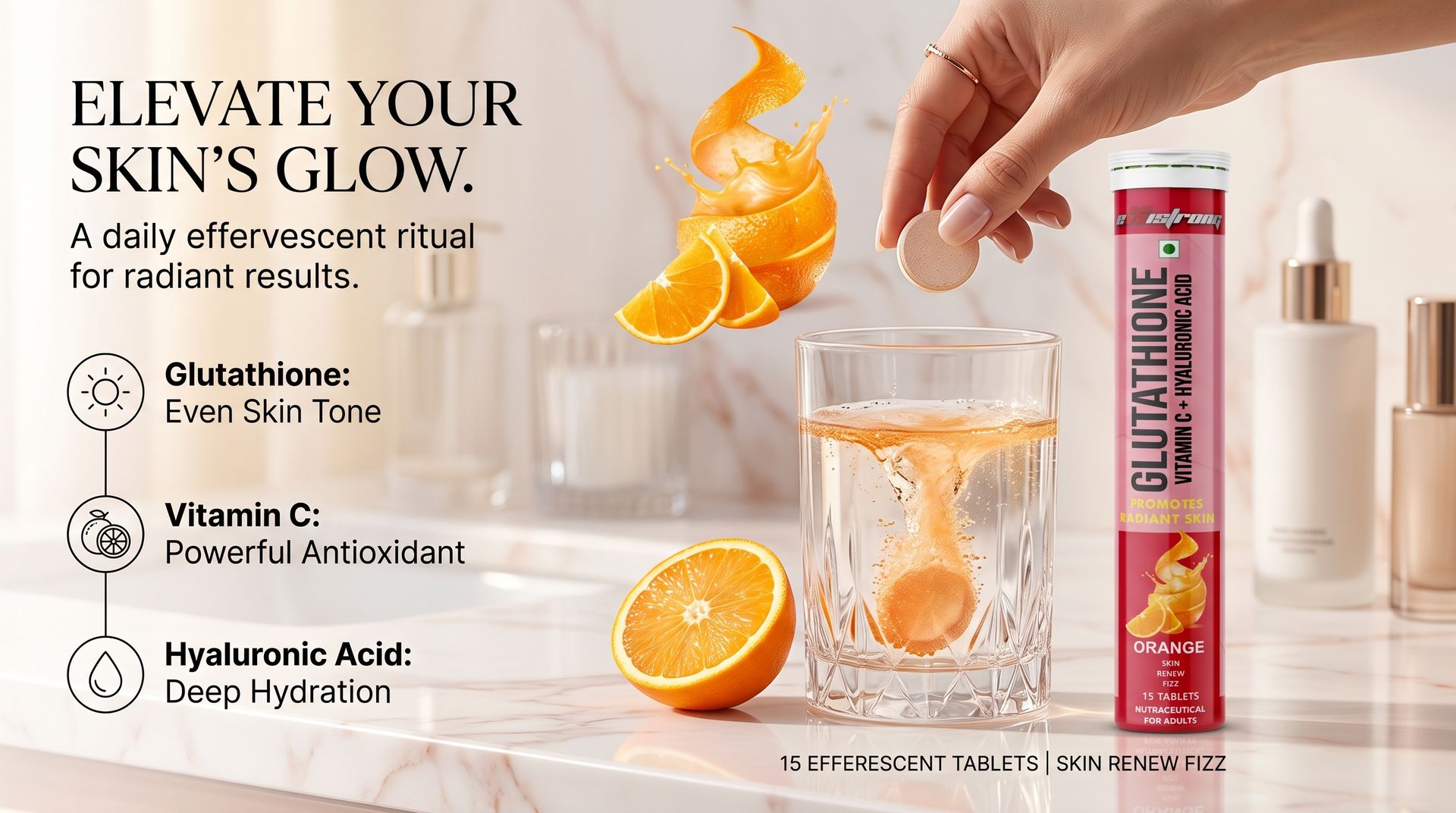 GloW Combo Glutathione 60 Effervescent Tablet (Orange) For Youthful Clear And Bright Skin, Pack Of 4 (60 Tablets) With Vitamin C And Hyaluronic Acid