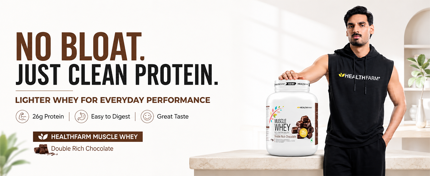 Healthfarm Muscle Whey Protein,26g Protein Per Serving | Zero Amino Spiking Substance (Milk Chocolate, 2kg)