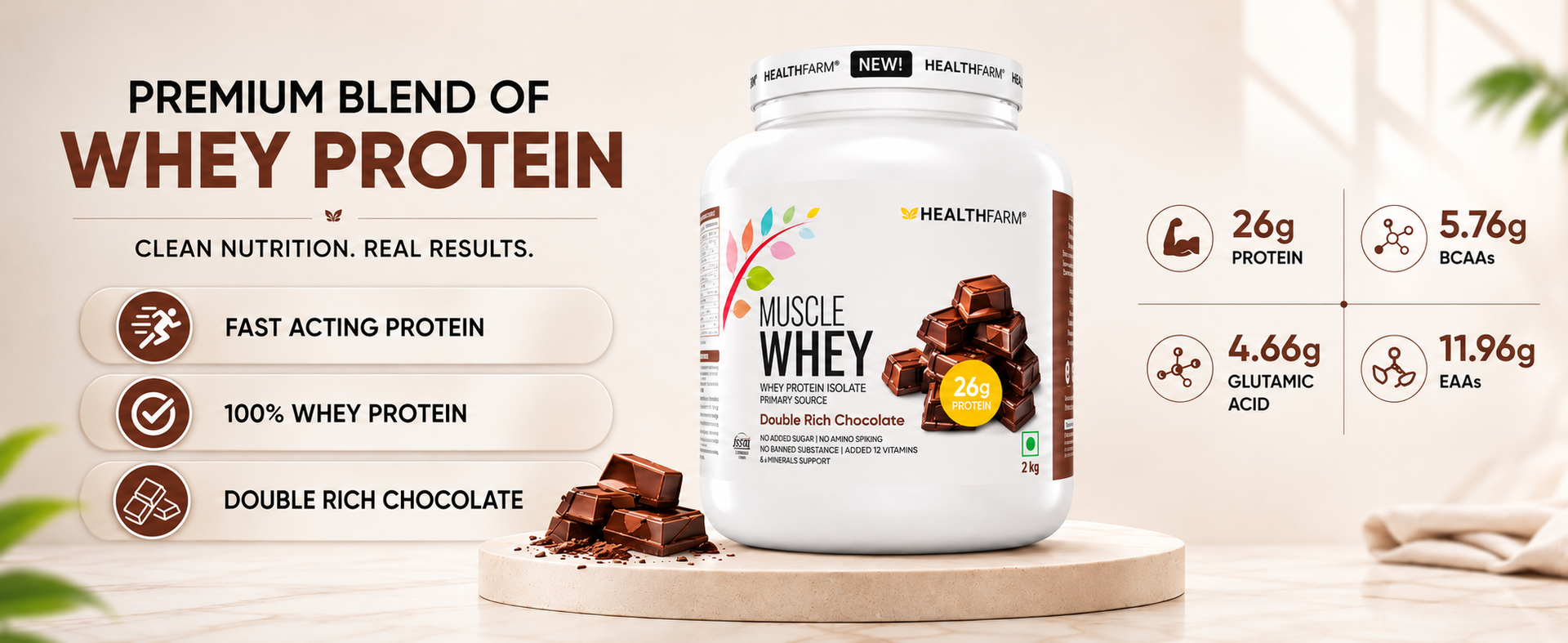 Healthfarm Muscle Whey Protein,26g Protein Per Serving | Zero Amino Spiking Substance (Milk Chocolate, 2kg)