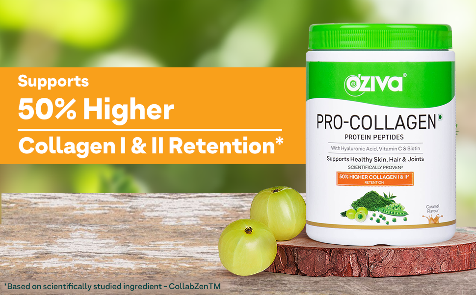 OZiva Pro Collagen Peptides, Skin & Hair, Type I & II, Caramel, 250g
