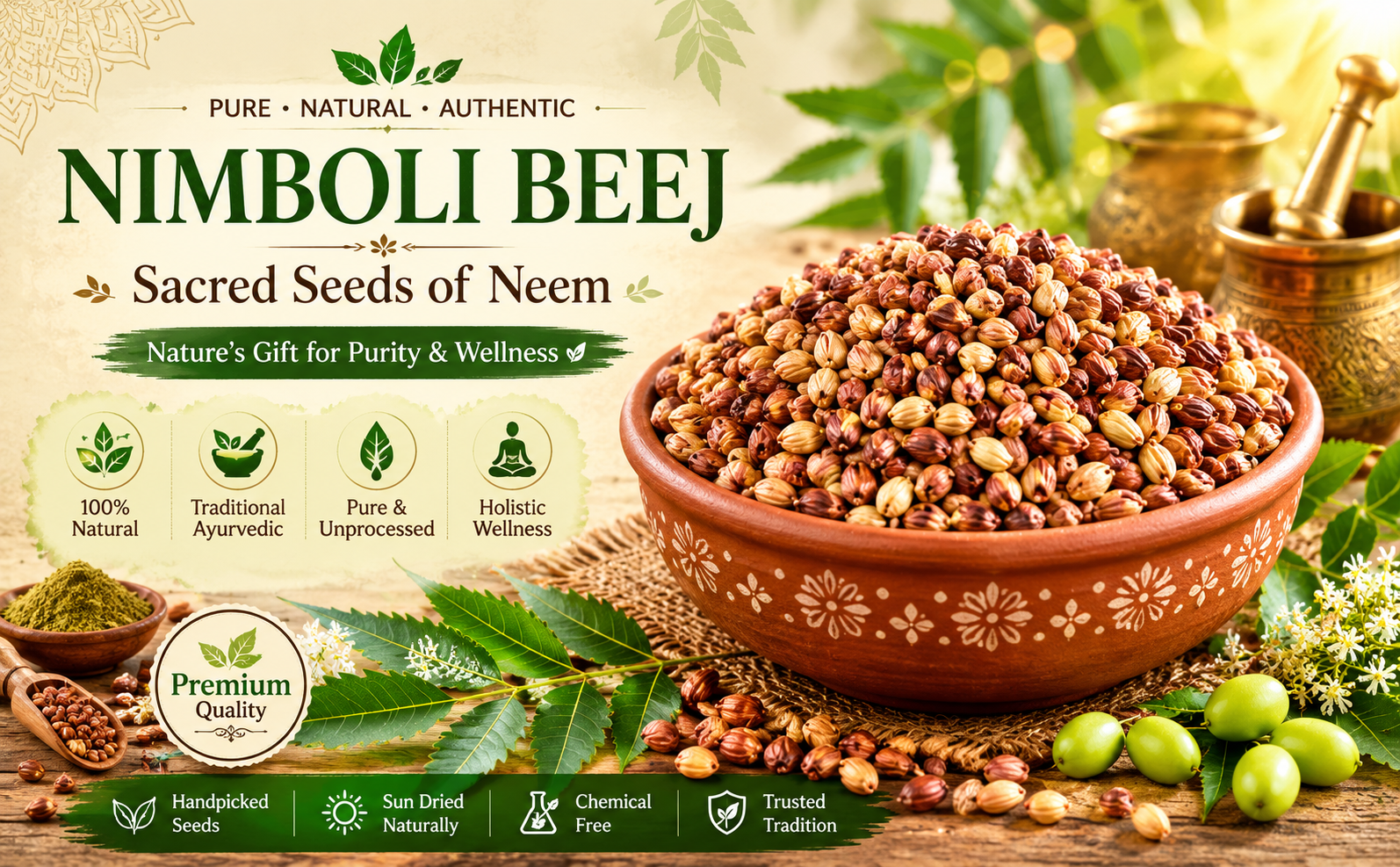 Neem Seeds (Nimboli), Azadirachta indica, Natural Ayurvedic Herb, for Skin, Hair, Blood Purification and Immunity (50 g)
