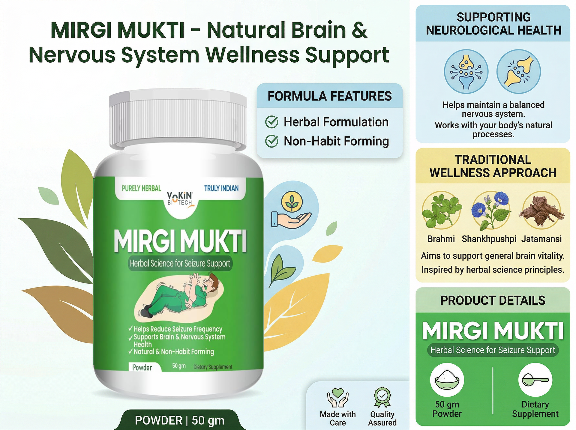 Vokin Biotech Mirgi Mukti Herbal Powder 50 gm | Brain & Nervous System Support Supplement | Purely Herbal Formula | Non-Habit Forming | Powder Form