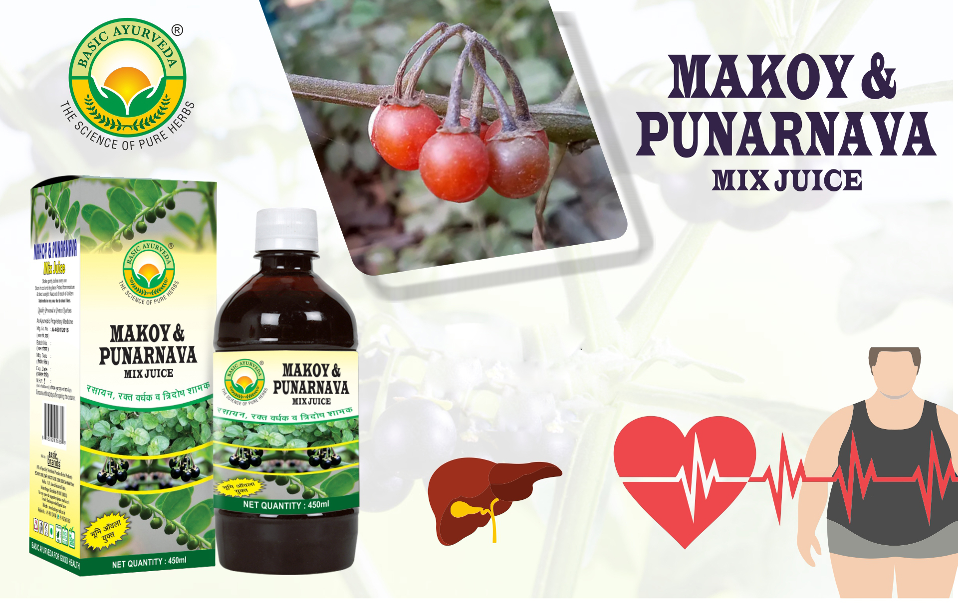 Basic Ayurveda Makoy & Punarnava Mix Juice 450ml | Enriched with Bhumi Amla | Supports Liver & Kidney Detox | Herbal Blend for Daily Wellness