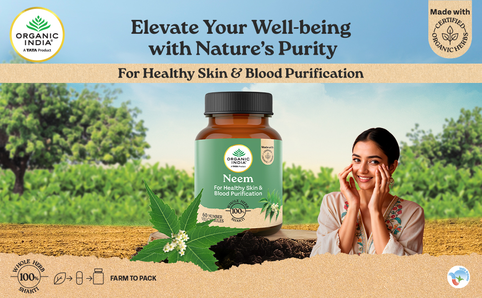 A TATA Product - Organic India Neem Blood Purifier - 180 Veg Capsules, Natural Blood Purifier, Plant-Based Anti-Bacterial, Anti-Viral, With Immunity Boosting Properties, GMP & NPOP Certified Organic
