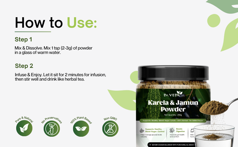 Dr Vedic Karela Jamun Powder | With Gudmar, Amla & 20 Ayurvedic Herbs | Sugar Management, Digestion & Detox Support | No Added Sugar – 250g (Pack Of 1)
