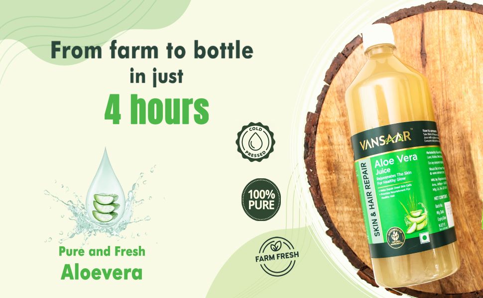 Vansaar Aloe Vera Juice - 1L | For Glowing Skin & Healthy Hair | 100% Natural, Cold Pressed with Pulp