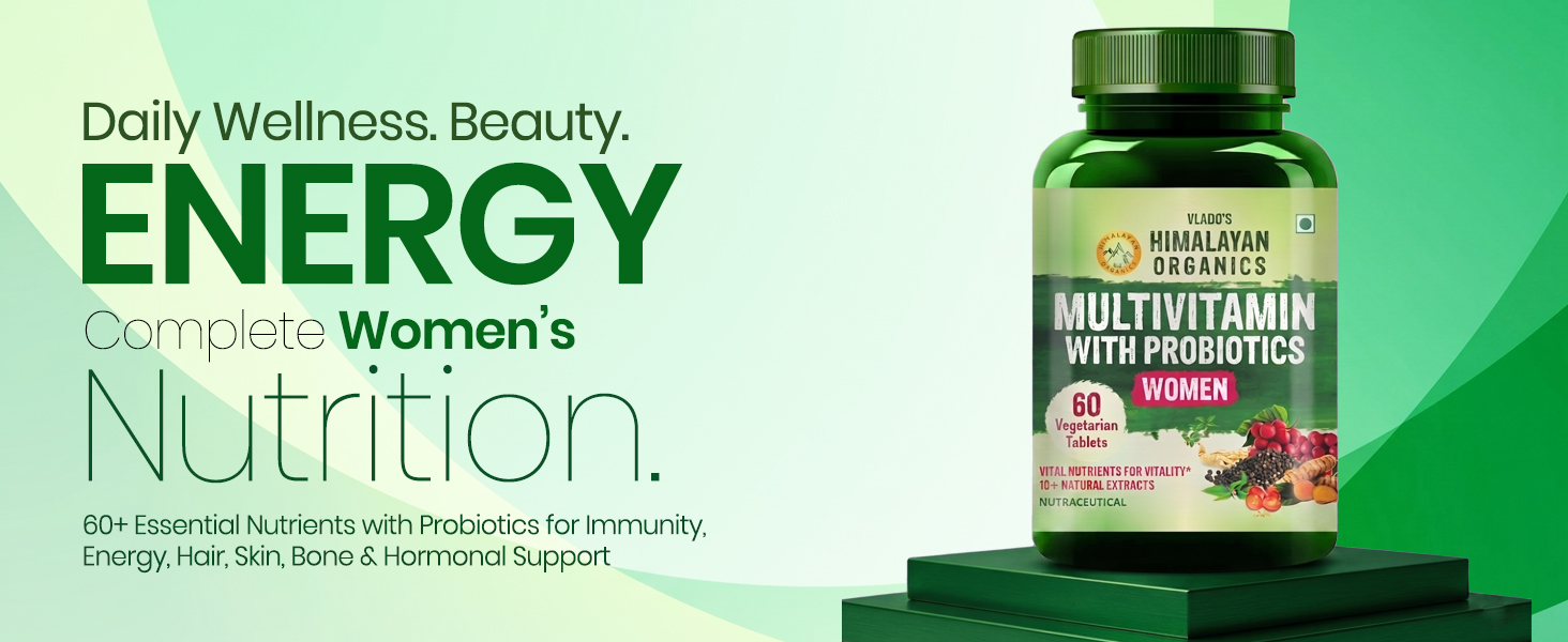 Vlado’s Himalayan Organics Multivitamin With Probiotics Supplement For Women With 60+ Essential Ingredients | Multiminerals For Immunity and Energy, Hair, Skin & Bone Support - 60 Veg Tablets