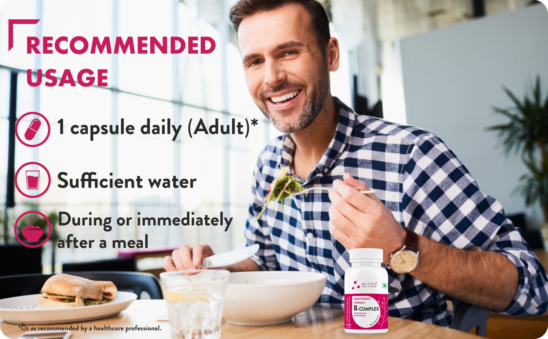 Mypro Sport Nutrition Vitamin B Complex, High Potency Formula Vitamins Heart Health-Nervous System Support-Supports Energy Metabolism-Vegan, Gluten-Free-120 Capsule For Men & Women