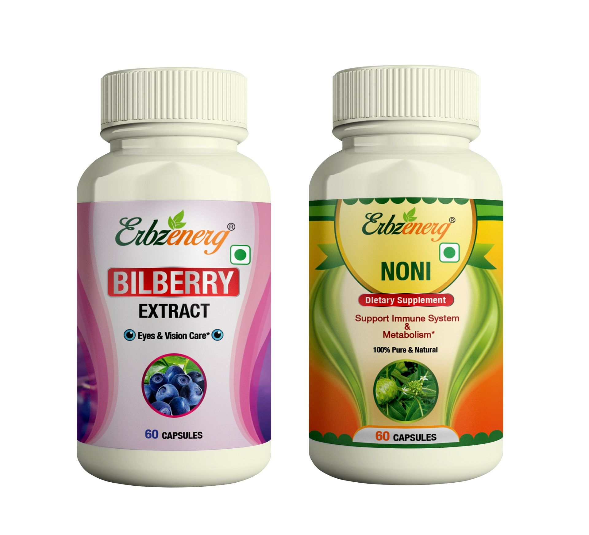 Bilberry Extract (Vaccinium myrtillus) 60 Capsules and Noni (Morinda citrifolia) 60 Capsules- (Pack of 1)