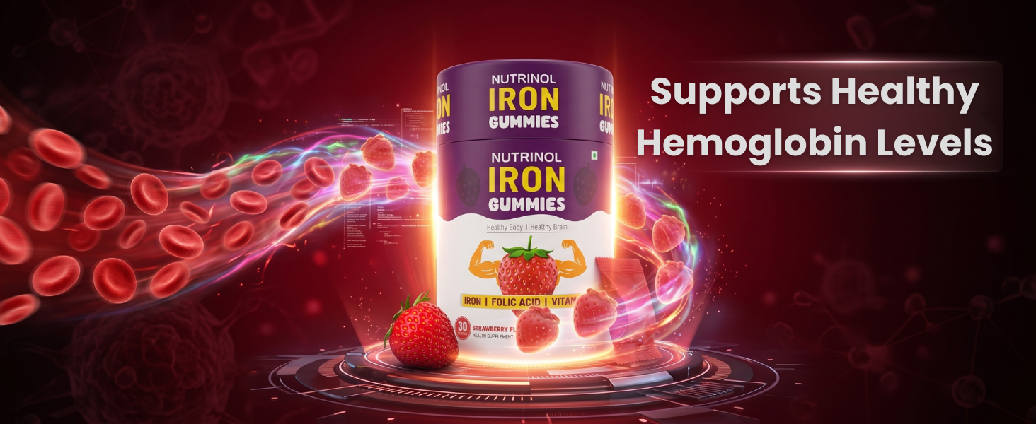 Knoll Healthcare Nutrinol Iron Gummies With Folic Acid & Vitamin E | Strawberry Flavour | No Sugar Added | 30 Gummies | Supports Hemoglobin, Energy & Immunity (Pack Of 2)