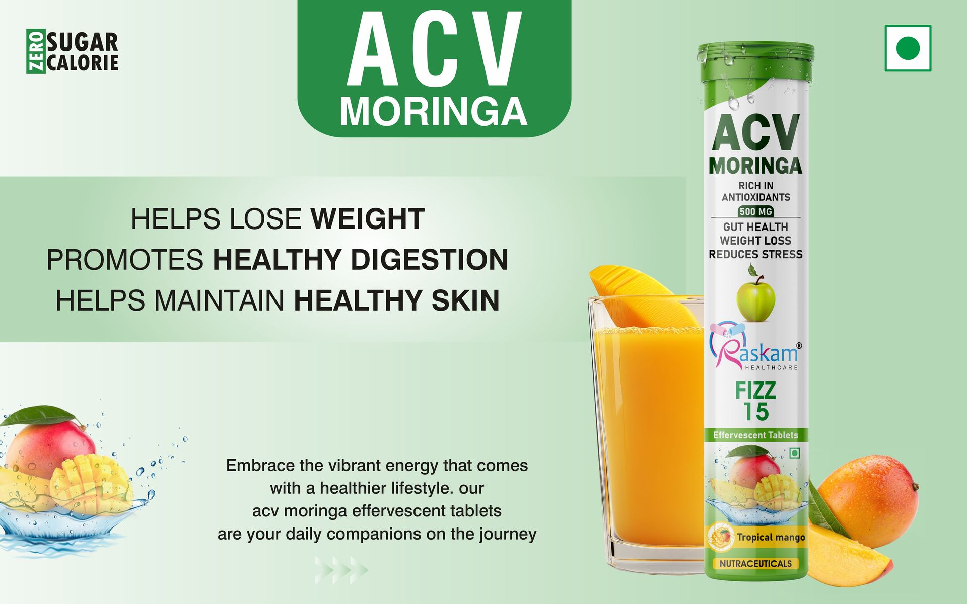 ACV Moringa Antioxidant Effervescent Tablets 500mg – Tropical Mango Flavor, Immunity & Energy Support – 15 Fizz Tabs (Pack of 5)