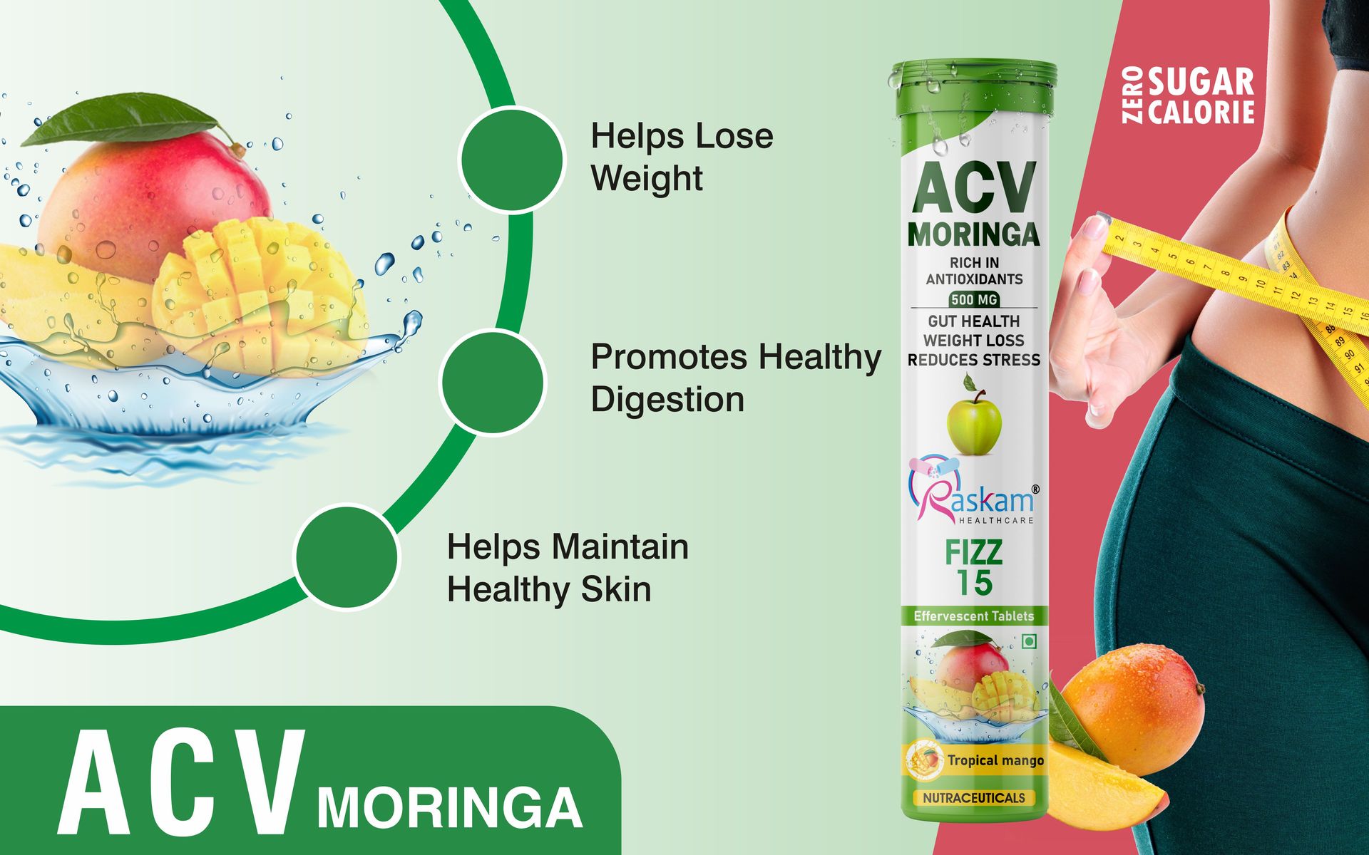 Apple Cider Vinegar Moringa Fizz Tablets 500mg – Tropical Mango Flavor, No Added Sugar, Supports Gut Health & Immunity – 15 Effervescent Tabs (Pack of 3)